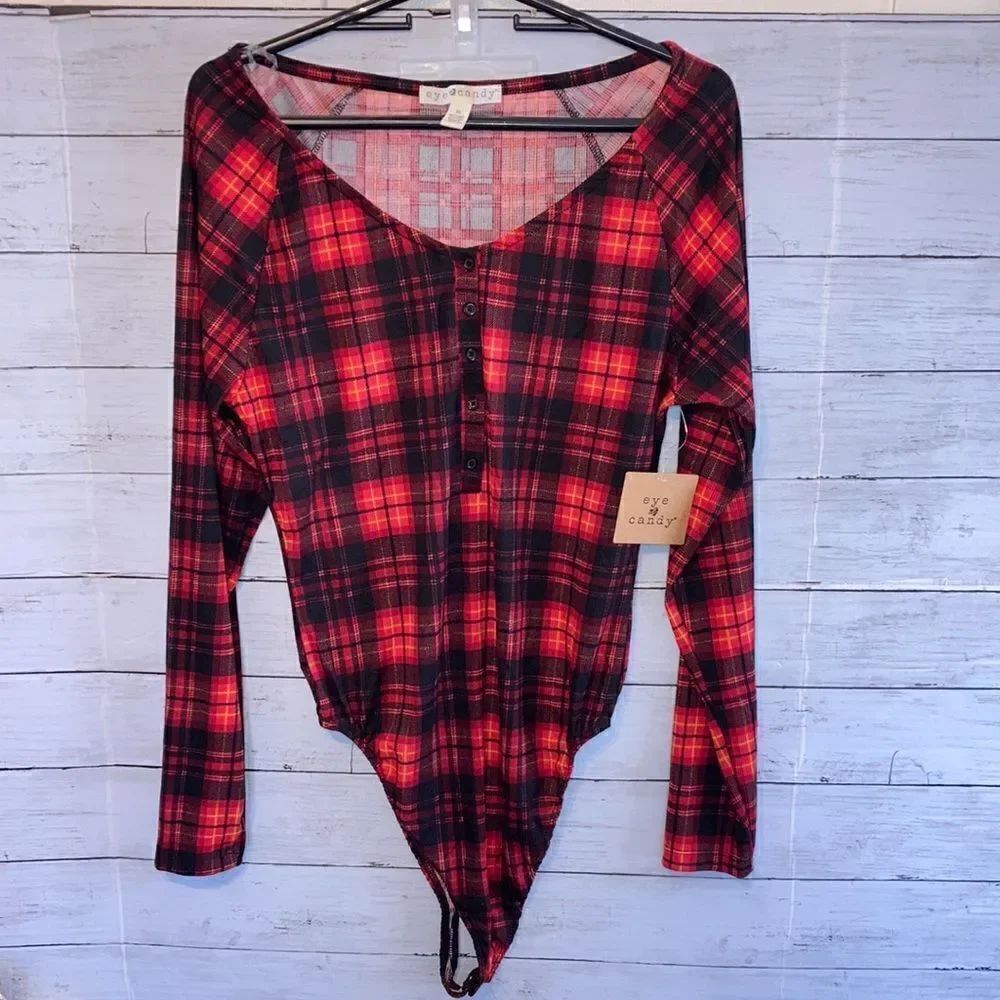 Women’s Eye Candy Long Sleeved Plaid Body Suit Shirt Top Size XL